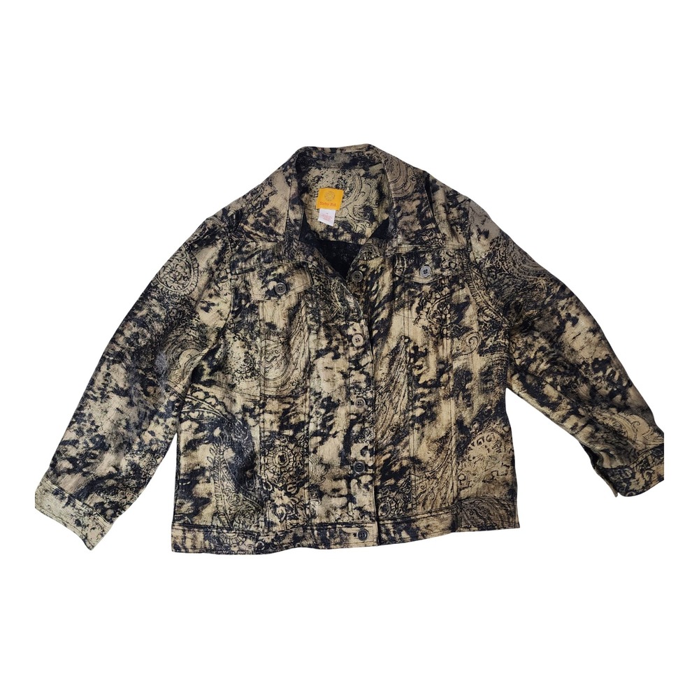 Ruby Rd Womens Gold Black Metallic Paisley Button Front Trucker Jacket Size 14